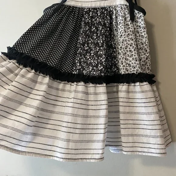 Handmade Children's Cotton Linen Black White Mixed Pattern Tie Strap Dress - Picture 12 of 13